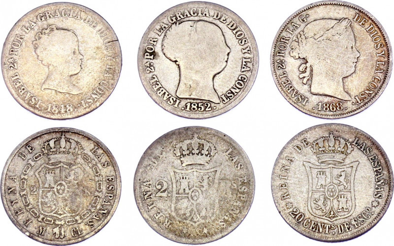 Spain 2 x 2 Reales & 20 Centimos 1848 - 1868
KM# 526.1 - 599.1 - 625.1; Silver;...