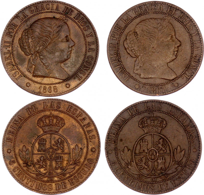 Spain 2 x 5 Centimos 1867 - 1868
KM# 635; Isabel II. Copper, XF-AUNC.