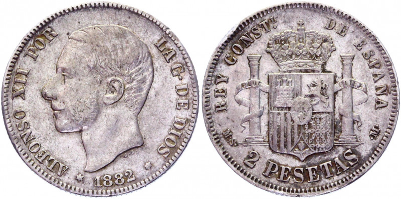 Spain 2 Pesetas 1882 (82) MS-M
KM# 678.2; Silver 9.84 g.; 3rd Decimal Coinage R...