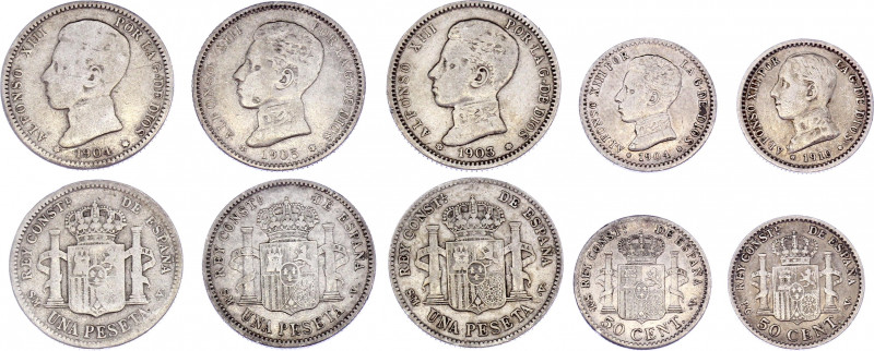 Spain 3 x 1 Peseta & 2 x 50 Centimos 1904 - 1910
KM# 721 & 723 & 730; Silver; A...