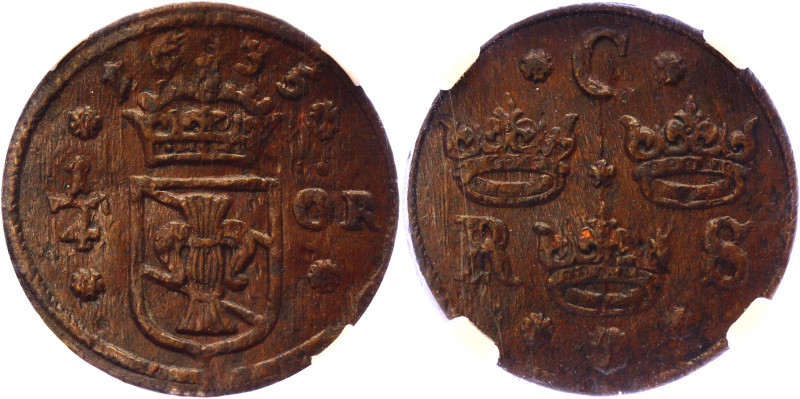 Sweden 1/4 Öre 1635 NNR MS63BN
KM# 152.2; Copper; Kristina; Mint: Nykoping & Sa...