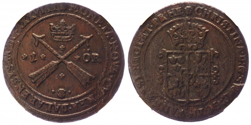 Sweden 1 Öre 1638 MDCXXXVIII NNR MS60BN
KM# 161; SM# 105; Copper; Kristina; Min...