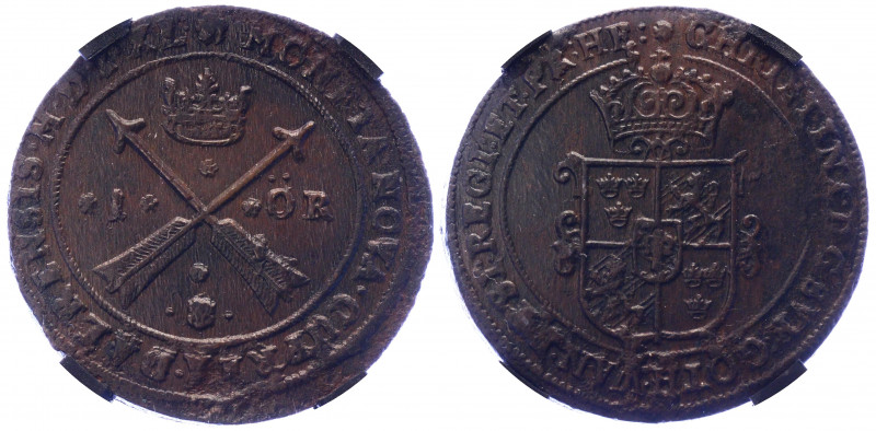 Sweden 1 Öre 1640 MDCXL RNGA MS61BN
KM# 161; SM# 105; Copper; Kristina; Mint: S...