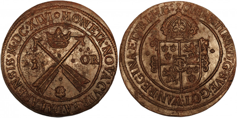 Sweden 1 Öre 1646 MDCXLVI
KM# 162.2; Copper 53.60 g.; Kristina; Mint: Avesta; X...