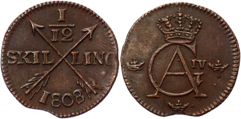 Sweden 1/12 Skilling 1808
KM# 563; Copper 2.23g.; Wire edge; Coin from an old c...