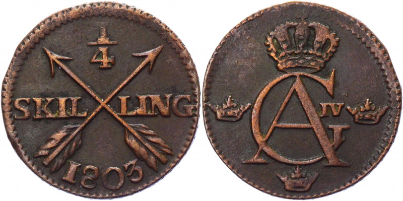 Sweden 1/4 Skilling 1803
KM# 564; Copper 6.50 g.; Net edge; Coin from an old co...