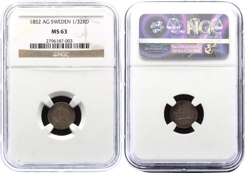 Sweden 1/32 Rigsdaler 1852 AG MS63
KM# 681; Silver. NGC MS63. Rare condition.