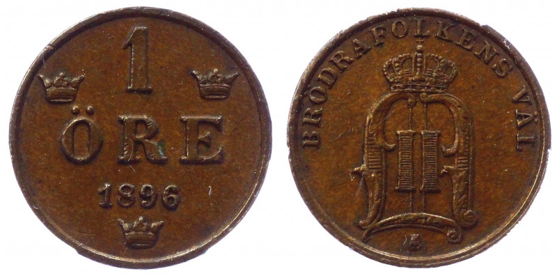 Sweden 1 Ore 1896 NNR AU58BN
KM# 750; Copper; Oscar II; AUNC