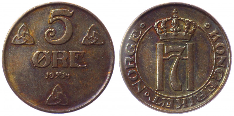 Sweden 5 Ore 1914 NNR AU53BN
KM# 779.2; Bronze; Gustaf V; AUNC