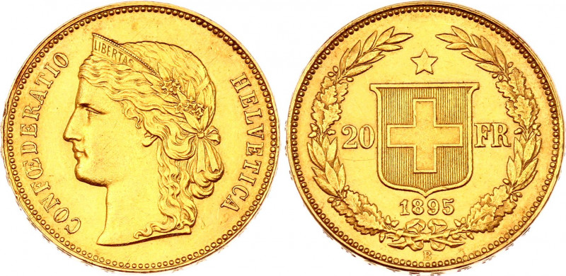 Switzerland 20 Francs 1895 B
KM# 31.3; Libertas. Gold (.900), 6.45g. AUNC.