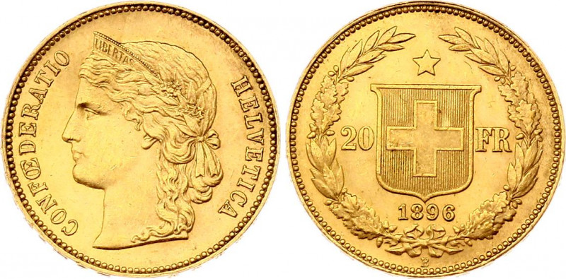 Switzerland 20 Francs 1896 B
KM# 31.3; Gold (.900), 6.45g. UNC.