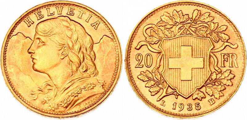 Switzerland 20 Francs 1935 LB
KM# 35.1; Gold (.900) 6.45 g., 21.00 mm.; Vreneli...