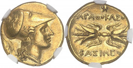 Sicile, Syracuse, Agathoclès (317-289 av. J.-C.). Statère d’or (double décadrachme) ND (304-285 avant J.-C.), Syracuse.
NGC Choice AU 5/5 3/5 Fine st...