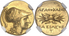 Sicile, Syracuse, Agathoclès (317-289 av. J.-C.). Statère d’or (double décadrachme) ND (304-285 avant J.-C.), Syracuse.
NGC MS 5/5 3/5 Fine style bru...