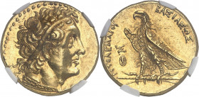 Royaume lagide, Ptolémée II (283-246 av. J.-C.). Pentadrachme Or ou trichryson (triple statère) ND (275-272), Alexandrie.
NGC Choice AU* 5/5 5/5 Fine...