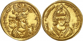 Empire sassanide, Khosro II (591-628). Dinar Or An 21 (610).

Av. Légende en pehlavi “pzwt- hwslwd mlk'n mlk'” (Khosro Roi des Rois). Buste de Khosr...