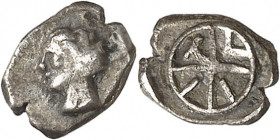 Nedènes (oppidum de Montlaurès). Hémiobole TVII à la roue c.90-40 av. J.-C.

Av. Tête à gauche, à la chevelure hirsute. 
Rv. TVII dans une roue à q...