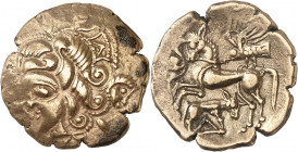 Osismes (fin du IIe s. - Ière moitié du Ier s. av. J.-C.). Statère d’or au cheval et taureau-enseigne c.120-50 av. J.-C.

Av. Profil à gauche, d’ori...