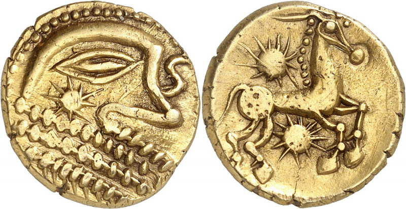 Bellovaques. Statère à l’astre et au cheval à droite ND (50-30 av. J.-C.).
NGC ...