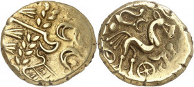 Suessions (fin du IIe s. av. J.-C. jusqu'à la Guerre des Gaules). Statère d’or à l’ancre c.65-35 av. J.-C.

Av. Profil à droite, l'œil sous forme d'...