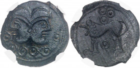 Suessions (fin du IIe s. av. J.-C. jusqu'à la Guerre des Gaules). Bronze au type janiforme, classe II ND (c.50-40 av. J.-C.).
NGC AU* 5/5 4/5 (578146...