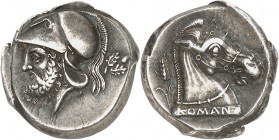 République romaine, Anonymes. Didrachme ND (280-276 av. J.-C.), Métaponte ?

Av. Tête de Mars à gauche, barbu et casqué ; derrière branche de chêne....