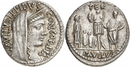 Aemilia, L. Aemilius Lepidus Paullus. Denier ND (62 av. J.-C.), Rome.

Av. PAVLLVS LEPIDVS CONCORDIA. Tête diadémée et voilée de la Concorde à droit...