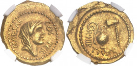 Jules César (60-44 av. J.-C.). Aureus ND (46 av. J.-C.), Rome.
NGC AU 5/5 4/5 punch mark (5780849-001).
Av. C. CAESAR COS. TER. Buste de Vesta voilé...