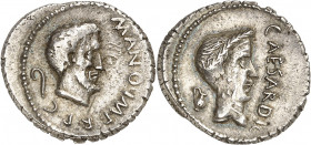 Marc Antoine et Jules César. Denier ND (43 av. J.-C.), Gaule cisalpine.

Av. M ANTO IMP R P C. Tête nue de Marc Antoine à droite ; derrière, un litu...