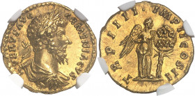 Lucius Verus (161-169). Aureus 163-164, Rome.
NGC MS 5/5 4/5 Fine style (5780849-002).
Av. L VERVS AVG ARMENIACVS. Buste lauré, drapé et cuirassé, à...