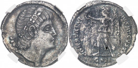 Constantin II (337-350). Silique ND (337-340), Constantinople.
NGC AU 5/5 1/5 scratches (5781463-002).
Av. Tête diadémée à droite. 
Rv. CONSTANTI -...