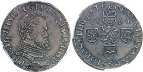 Philippe II d’Espagne (1556-1598). Jeton pour la levée du siège d’Oran 1564, Dordrecht.
PCGS AU55 (42254735).
Av. * PHS. D. G. HISP. REGIS. COMITIS....