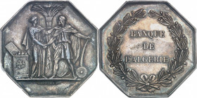 Second Empire / Napoléon III (1852-1870). Jeton de la Banque de l’Algérie ND (1860-1879), Paris.
PCGS AU58 (42254746).
Av. Une femme avec un coffre ...