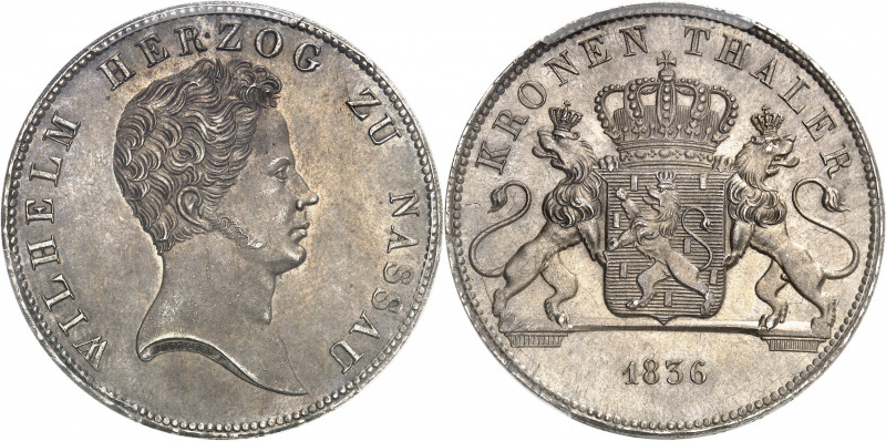 Nassau (duché de), Guillaume (1816-1839). Thaler (kronenthaler) 1836, Wiesbaden....
