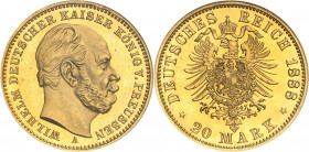 Prusse, Guillaume Ier (1861-1888). 20 mark, Flan bruni (PROOF) 1888, A, Berlin.
NGC PF 64 (236913-001).
Av. WILHELM DEUTSCHER KAISER KÖNIG V. PREUSS...