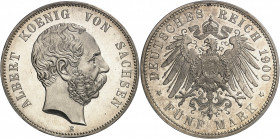 Saxe, Albert (1873-1902). 5 mark Flan bruni (PROOF) 1900, E, Dresde.
PCGS PR65+ CAM (40174669).
Av. ALBERT KOENIG VON SACHSEN. Tête nue à droite, au...