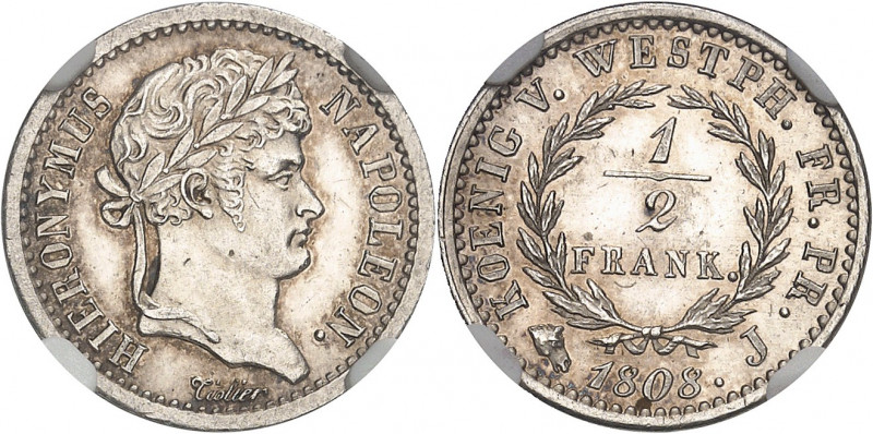 Westphalie, Jérôme Napoléon (1807-1813). 1/2 frank, Flan bruni (PROOF) 1808, J, ...
