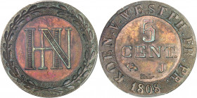 Westphalie, Jérôme Napoléon (1807-1813). Essai de 5 centimes bicolore 1808, J, Paris.
PCGS SP63BN (34156648).
Av. Couronne formée de deux branches, ...