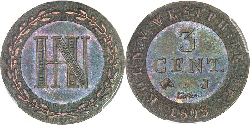 Westphalie, Jérôme Napoléon (1807-1813). Essai de 3 centimes bicolore 1808, J, P...