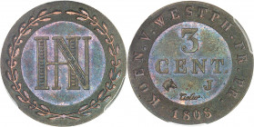 Westphalie, Jérôme Napoléon (1807-1813). Essai de 3 centimes bicolore 1808, J, Paris.
PCGS SP65BN (34156649).
Av. Couronne formée de deux branches, ...