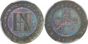 Westphalie, Jérôme Napoléon (1807-1813). Essai de 2 centimes bicolore 1808, J, Paris.
PCGS SP65BN (34156651).
Av. Couronne formée de deux branches, ...
