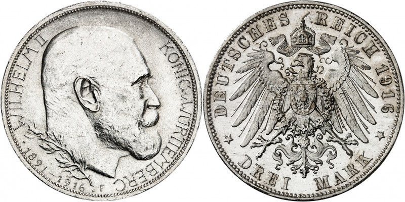 Wurtemberg, Guillaume II (1891-1918). 3 mark, 25e anniversaire de règne, Flan br...