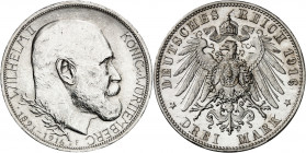 Wurtemberg, Guillaume II (1891-1918). 3 mark, 25e anniversaire de règne, Flan bruni (PROOF) 1916, F, Stuttgart.
NGC PF 63 CAMEO (6142664-001).
Av. W...