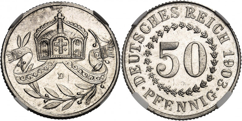 Empire allemand (1871-1918). Essai de 50 pfennig 1903, D, Munich.
NGC UNC DETAI...