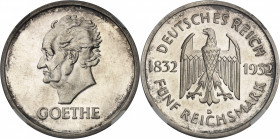 République de Weimar (Empire allemand) (1918-1933). 5 mark Johann Goethe, Flan bruni (PROOF) 1932, D, Munich.
NGC PF 64 CAMEO (5883938-001).
Av. GOE...