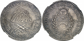 Confédération argentine (1831-1861). 8 réaux 1838, R, Rioja.
NGC AU 55 (5778318-019).
Av. REPUB. ARGENTINA. CONFEDERADA. R (date). Deux canons et dr...