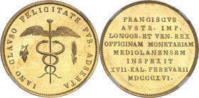 François Ier (1792-1835). Médaille d’Or, Visite d’inspection à la Monnaie de Milan 1816, Milan.
NGC MS 65 (6054936-006).
Av. IANO CLAVSO FELICITATE ...