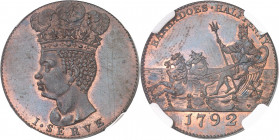 Barbade, sous administration britannique (1627-1966). Jeton monétiforme au module d’1/2 penny, refrappe, Flan bruni (PROOF) 1792.
NGC PF 64+ BN (5883...