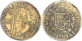 Brabant (duché de), Philippe II (1555-1598). Florin de Bourgogne au Saint André 1568, Anvers.
PCGS AU50 (42189998).
Av. DOMINVS: MIHI ADIVTOR (ateli...