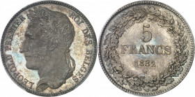Léopold Ier (1831-1865). 5 francs, position A 1832, Bruxelles.
PCGS MS64 (39807182).
Av. LEOPOLD PREMIER ROI DES BELGES. Tête laurée à gauche ; au-d...